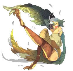 Rule 34 | 1girl, absurdres, ahoge, arm up, bird legs, blue hair, camisole, closed eyes, digitigrade, feathered wings, feathers, flat chest, full body, harpy, highres, hinekure-boy, monster girl, monster musume no iru nichijou, navel, open mouth, papi (monster musume), short shorts, shorts, simple background, solo, strap slip, teeth, upper teeth only, white background, white camisole, winged arms, wings