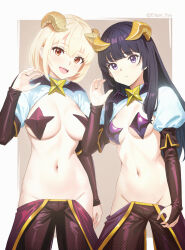 Rule 34 | 2girls, :/, :d, absurdres, black gloves, black hair, black pants, blonde hair, breasts, bridal gauntlets, closed mouth, commentary request, cosplay, curled horns, demon girl, demon horns, edgar syu, elbow gloves, forward facing horns, gloves, groin, hand up, highres, hiiragi utena, hiiragi utena (cosplay), horns, inoue takina, large breasts, long hair, lycoris recoil, magia baiser, magia baiser (cosplay), mahou shoujo ni akogarete, multiple girls, navel, nishikigi chisato, open mouth, pants, pasties, purple eyes, red eyes, short hair, shrug (clothing), small breasts, smile, standing, star pasties, twitter username, two-tone background