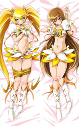 Rule 34 | 10s, 1girl, alternate hairstyle, aoi manabu, bike shorts, blonde hair, boots, bow, breasts, brooch, brown eyes, brown hair, cure sunshine, dakimakura (medium), dual persona, full body, heart, heart brooch, heartcatch precure!, high heels, jewelry, knee boots, long hair, magical girl, midriff, multiple views, myoudouin itsuki, navel, one eye closed, orange bow, precure, puffy sleeves, ribbon, shoes, shorts, shorts under skirt, skirt, smile, thigh gap, thighs, twintails, underboob, v, wrist cuffs, yellow bow, yellow eyes