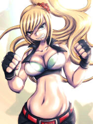 Rule 34 | 1girl, angry, blonde hair, bra, breasts, cleavage, clenched teeth, collarbone, fingerless gloves, gloves, green eyes, groin, large breasts, long hair, looking at viewer, midriff, navel, original, pants, revealing clothes, solo, standing, takana bps (3rd imagination), teeth, underwear, white background