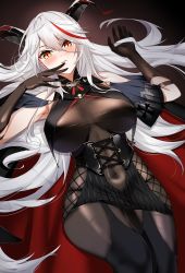 Rule 34 | 1girl, absurdres, aegir (azur lane), azur lane, bare shoulders, black dress, black gloves, black thighhighs, blush, breasts, cape, commentary, covered navel, dress, elbow gloves, gloves, highres, horns, large breasts, loincloth, looking at viewer, lying, marumai, multicolored hair, on back, open clothes, red hair, shiny clothes, short dress, silver hair, simple background, sleeveless, smile, thighhighs, two-tone hair
