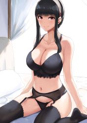 Rule 34 | 1girl, bed, bed sheet, black bra, black garter belt, black hair, black panties, black thighhighs, bra, breasts, cleavage, closed mouth, collarbone, curtains, garter belt, hairband, highres, large breasts, lingerie, long hair, looking at viewer, mikame v2, navel, no shoes, panties, pillow, red eyes, sidelocks, sitting, smile, solo, spy x family, stomach, thighhighs, underwear, underwear only, white hairband, yor briar