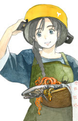 Rule 34 | 1girl, akai sashimi, apron, arm up, basket, basket star, black hair, blue eyes, blue kimono, braid, commentary request, fish, frilled shark, green apron, hair over shoulder, hand on headwear, holding, holding basket, holding pot, japanese clothes, kimono, long hair, looking at viewer, original, parted lips, partial commentary, pot, pot on head, seafood, simple background, single braid, smile, solo, towel, traditional media, upper body, white background