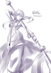 Rule 34 | 1girl, brown eyes, brown hair, character name, commentary, cross, crucifix, dress, english commentary, greyscale, habit, hair ornament, hair over shoulder, hair scrunchie, highres, jewelry, lance, low ponytail, medium hair, melty blood, mole, mole under mouth, monochrome, necklace, noel (tsukihime), nun, polearm, robe, scrunchie, sidelocks, signature, smile, spear, tsukihime, tsukihime (remake), tsukiri project, twitter username, weapon