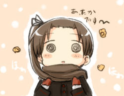 Rule 34 | 10s, 1girl, :d, ayanami (kancolle), blush stickers, bow, brown hair, coat, commentary request, engiyoshi, hair bow, hair ribbon, kantai collection, long hair, looking at viewer, mittens, open mouth, ribbon, side ponytail, smile, solo, translation request