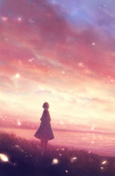 Rule 34 | 1girl, ahoge, backlighting, blurry, capelet, cloud, cloudy sky, commentary, depth of field, fantasy, from behind, grass, lake, leaf, light particles, looking afar, original, robe, sakimori (hououbds), scenery, short hair, sky, solo, water
