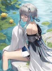 Rule 34 | 1girl, absurdres, bare legs, bare shoulders, closed eyes, closed mouth, cotta (heleif), day, dress, feet out of frame, flower, from side, genshin impact, grey hair, guizhong (genshin impact), hair intakes, hair ornament, highres, legs, lily pad, off-shoulder dress, off shoulder, outdoors, short hair with long locks, sitting, sleeves past fingers, sleeves past wrists, smile, soaking feet, solo, tassel, tassel hair ornament, thighs, water, water lily flower, white dress, yellow flower