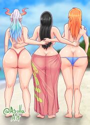 Rule 34 | 3girls, absurdres, ass, backboob, bikini, breasts, butt crack, feet, highres, large breasts, multiple girls, nami (one piece), nico robin, one piece, standing, swimsuit, thighs, topless, yamato (one piece)