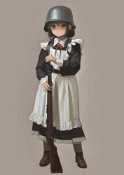 Rule 34 | 1girl, absurdres, apron, black dress, bolt action, boots, bow, bowtie, brown footwear, brown hair, closed mouth, collared dress, combat helmet, dress, full body, garoppui, green eyes, grey background, gun, helmet, highres, holding, holding gun, holding weapon, long sleeves, looking at viewer, maid, maid apron, mauser 98, medium hair, original, red bow, red bowtie, rifle, short twintails, solo, standing, twintails, weapon