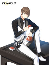 Rule 34 | 1boy, alternate hair color, arm on knee, belt, black bow, black shirt, black socks, bow, brown hair, card, closed mouth, closers, collared shirt, copyright name, croupier, dress pants, dress shirt, dress shoes, foot out of frame, grey eyes, hair over one eye, highres, holding, holding card, j (closers), knee up, logo, long sleeves, looking at viewer, male focus, necktie, official art, on table, pants, playing card, shirt, short hair, sitting, smile, socks, solo, swept bangs, table, vest, waistcoat, white background, white belt, white footwear, white necktie, white pants, white vest, wrist bow