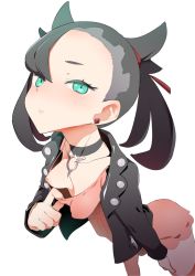 Rule 34 | 1girl, aqua eyes, black hair, blush, breasts, breasts apart, choker, cleavage, cleavage reach, collarbone, creatures (company), cropped jacket, downblouse, dress, earrings, furau, game freak, hair ribbon, highres, jacket, jewelry, leaning forward, leather, leather jacket, looking at viewer, marnie (pokemon), necklace, nintendo, nipples, no bra, one breast out, pink dress, pokemon, pokemon swsh, ribbon, short twintails, simple background, small breasts, solo, twintails, white background