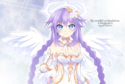 Rule 34 | 1girl, angel wings, artist name, bad id, bad pixiv id, blue eyes, braid, breasts, caro-xy, cleavage, closed mouth, cowboy shot, female focus, flower, four goddesses online: cyber dimension neptune, gloves, groin, hair flower, hair ornament, halo, highres, large breasts, long hair, looking at viewer, neptune (neptunia), neptune (series), power symbol, power symbol-shaped pupils, purple hair, purple heart (neptunia), smile, solo, symbol-shaped pupils, twin braids, very long hair, wings