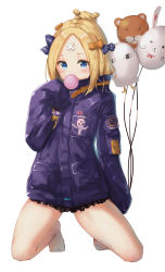 Rule 34 | 1girl, abigail williams (fate), abigail williams (traveling outfit) (fate), absurdres, balloon, barefoot, black bow, black jacket, blonde hair, blue eyes, blush, bow, blowing bubbles, chewing gum, commentary request, crossed bandaids, fate/grand order, fate (series), fou (fate), hair bow, hair bun, hand up, highres, holding, holding balloon, jacket, kneeling, lemon tea (15058751917), long hair, long sleeves, looking at viewer, medjed (fate), official alternate costume, orange bow, parted bangs, polka dot, polka dot bow, revision, simple background, single hair bun, sleeves past fingers, sleeves past wrists, solo, star (symbol), white background