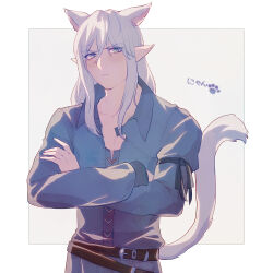 Rule 34 | 1boy, animal ears, armband, belt, blue eyes, blue jacket, border, cat boy, cat ears, cat tail, collarbone, cowboy shot, crossed arms, elezen, elf, estinien varlineau, extra ears, final fantasy, final fantasy xiv, fosaster fenrir, frown, grey background, highres, jacket, kemonomimi mode, long sleeves, looking at viewer, male focus, medium hair, outside border, pointy ears, simple background, solo, standing, tail, white border, white hair