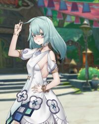 Rule 34 | 1girl, absurdres, ahoge, aqua hair, arm up, bare shoulders, bracelet, breasts, bwcloud, clothing cutout, commentary request, cowboy shot, dress, faruzan (genshin impact), game screenshot background, genshin impact, hair ornament, hand on own hip, highres, jewelry, long hair, outdoors, puffy short sleeves, puffy sleeves, short sleeves, shoulder cutout, sideboob, small breasts, solo, standing, twintails, white dress