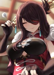 Rule 34 | 1girl, beidou (genshin impact), blurry, blurry background, breasts, brown hair, cleavage, detached sleeves, ear cleaning, ear picking, earrings, eyepatch, closed eyes, fingerless gloves, genshin impact, gloves, hair ornament, hair stick, hairpin, highres, jewelry, lap pov, large breasts, long hair, looking at viewer, mimikaki, one eye covered, colored eyepatch, shengtian, smile, solo