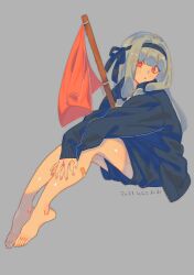 Rule 34 | 1girl, alternate costume, arms on knees, bandaid, bandaid on leg, barefoot, black headband, black jacket, black shorts, blue hair, blush, brbr vrvr, commentary request, dated, feet, flag, from side, full body, grey background, hair intakes, headband, highres, invisible chair, jacket, knees up, kotonoha aoi, legs, looking at viewer, looking to the side, low-tied sidelocks, outstretched arms, own hands together, red eyes, red flag, short shorts, shorts, sidelocks, signature, simple background, sitting, solo, toenails, toes, track jacket, v arms, voiceroid