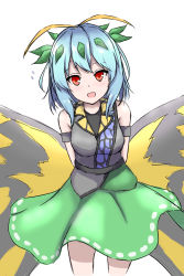 Rule 34 | 1girl, absurdres, allcy49, antennae, aqua hair, blush, butterfly wings, dress, eternity larva, fairy, feet out of frame, green dress, hair between eyes, highres, insect wings, leaf, leaf on head, looking at viewer, multicolored clothes, multicolored dress, open mouth, orange eyes, short hair, simple background, smile, solo, touhou, white background, wings