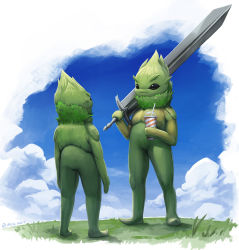 Rule 34 | black eyes, blue sky, closed mouth, cloud, cloudy sky, commentary, cup, day, drinking straw, english commentary, eye contact, fantasy, grass, height difference, highres, holding, holding cup, holding sword, holding weapon, looking at another, mcgmark, no humans, original, outdoors, over shoulder, signature, sky, smoothie, standing, sword, sword over shoulder, weapon, weapon over shoulder