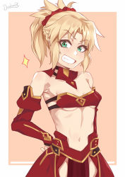 Rule 34 | 1girl, :d, bandeau, bare shoulders, blonde hair, border, breasts, cowboy shot, darahan, detached arm, fate/grand order, fate (series), green eyes, hand on own hip, looking at viewer, midriff, mordred (fate), mordred (fate/apocrypha), navel, open mouth, outside border, red scrunchie, scrunchie, short ponytail, small breasts, smile, solo, tan background, teeth, white border