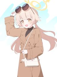 Rule 34 | 1girl, absurdres, bag, black shirt, blue archive, blush, brown coat, coat, eyewear on head, hagoonha, halo, hifumi (blue archive), highres, light brown hair, long hair, long sleeves, low twintails, open mouth, peroro (blue archive), round eyewear, shirt, shoulder bag, smile, solo, sunglasses, twintails, yellow eyes, yellow halo
