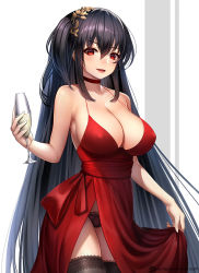 Rule 34 | 1girl, alcohol, azur lane, black hair, black panties, black thighhighs, breasts, champagne, champagne flute, choker, cleavage, collarbone, cup, dress, drinking glass, hair between eyes, hair ornament, jurrig, lace, lace-trimmed legwear, lace-trimmed panties, lace trim, large breasts, long hair, looking at viewer, official alternate costume, panties, red dress, red eyes, sash, side slit, sideboob, solo, taihou (azur lane), taihou (forbidden feast) (azur lane), thighhighs, underwear, very long hair