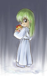 Rule 34 | 1990s (style), akazukin chacha, doll, elizabeth, from behind, green eyes, green hair, grin, holding, holding doll, hood, hood down, looking at viewer, looking back, robe, seravi, smile, standing, white robe