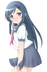 Rule 34 | 1girl, aragaki ayase, black hair, black skirt, blush, commentary request, embarrassed, grey sailor collar, haru (konomi 150), highres, long hair, looking at viewer, looking to the side, navel, no pupils, open mouth, ore no imouto ga konna ni kawaii wake ga nai, pleated skirt, sailor collar, shirt, short sleeves, simple background, skirt, solo, tongue, white background, white shirt