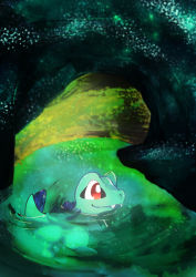 Rule 34 | alternate color, animal focus, aqua theme, bad id, bad pixiv id, banchiku, cave, closed mouth, creatures (company), fangs, fangs out, from side, full body, game freak, gen 2 pokemon, happy, highres, nintendo, no humans, partially submerged, pokemon, pokemon (creature), red eyes, ripples, shiny pokemon, smile, solo, sparkle, swimming, totodile, water
