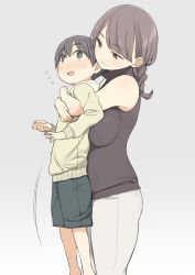 Rule 34 | 1boy, 1girl, age difference, bare shoulders, blue eyes, blush, braid, brown eyes, brown hair, child, highres, hug, hug from behind, lifting person, looking at another, mature female, nora higuma, onee-shota, open mouth, original, shorts, simple background, size difference, sleeveless, sleeveless turtleneck, smile, sweater, turtleneck, turtleneck sweater, twin braids
