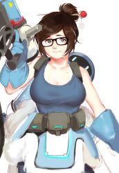 Rule 34 | 1girl, absurdres, bahao diqiu, black-framed eyewear, breasts, brown eyes, brown hair, cleavage, coat, collarbone, dripping, drone, fur coat, fur trim, glasses, gun, hair bun, hair ornament, hair stick, highres, holding, holding gun, holding weapon, large breasts, light smile, looking at viewer, matching hair/eyes, mei (overwatch), overwatch, overwatch 1, robot, short hair, simple background, single hair bun, sketch, smile, snowball (overwatch), solo, sweat, tank top, upper body, weapon, white background