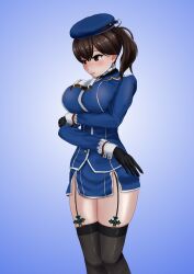 Rule 34 | 1girl, absurdres, ascot, beret, black gloves, black thighhighs, blue background, blue hat, blush, breasts, brown eyes, brown hair, cosplay, coumin c, embarrassed, garter straps, gloves, hat, highres, kaga (kancolle), kantai collection, large breasts, long hair, looking down, miniskirt, side ponytail, simple background, skirt, solo, takao (kancolle), takao (kancolle) (cosplay), thighhighs, white ascot, yasakae (coumin c)