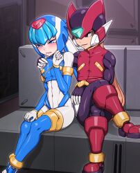 Rule 34 | 1boy, 1girl, absurdres, android, black eyes, blonde hair, blue eyes, blush, boots, breasts, chair, commission, couch, evil smile, fairy leviathan (mega man), feet on chair, hand on another&#039;s shoulder, hand on own face, helmet, highres, leg up, medium breasts, mega man (series), mega man x (series), mega man x dive, mega man zero (series), mega man zero 3, omega (mega man), open mouth, pixiv commission, robot, robot girl, shy, sitting, smile, thigh boots, thighhighs, yfwid harley, zero(z) (mega man), zero (mega man)