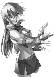 Rule 34 | 1girl, breasts, duel academy uniform (yu-gi-oh! gx), fingerless gloves, gloves, greyscale, long hair, looking at viewer, monochrome, open mouth, rourou ill, school uniform, simple background, skirt, sleeveless, solo, tenjouin asuka, white background, yu-gi-oh!, yu-gi-oh! gx