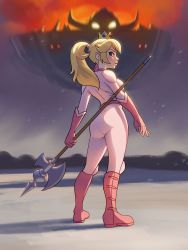Rule 34 | 1girl, ass, axe, blonde hair, blue eyes, bodysuit, breasts, highres, large breasts, legs, looking back, mario (series), nintendo, picklechippy, pink lips, ponytail, princess, princess peach, serious, sideboob, solo, the super mario bros. movie, thighs, weapon