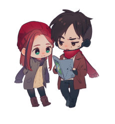Rule 34 | 1boy, 1girl, animification, apex legends, beanie, beige footwear, beige sweater, black eyes, black footwear, black hair, black pants, bright pupils, brother and sister, brown jacket, chibi, crypto (apex legends), green eyes, grey jacket, hair behind ear, hat, holding, holding map, iyo (nanaka-0521), jacket, looking down, map, mila alexander, mole, mole above eye, multicolored hair, open mouth, orange hair, pants, purple hair, red headwear, red scarf, scarf, siblings, streaked hair, white background, white pupils