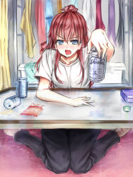 Rule 34 | 10s, 1girl, alcohol, beer, beer can, blue eyes, blush, can, drink can, drinking, drunk, highres, kenniti123 (kennitipotto), looking at viewer, red hair, sakaki shizuka, shirobako, solo, spill