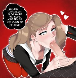 Rule 34 | 1boy, 1girl, artist request, blue eyes, breasts, cleavage, fellatio, half-closed eyes, hand on another&#039;s head, hand on penis, heart, heart-shaped pupils, highres, oral, penis, persona, persona 5, red legwear, sex, skirt, symbol-shaped pupils, tagme, takamaki anne, twintails, uncensored