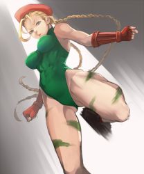 Rule 34 | 1girl, bad id, bad pixiv id, beret, blonde hair, blue eyes, boots, braid, breasts, cammy white, covered erect nipples, fingerless gloves, garrison cap, gloves, hat, leotard, long hair, looking at viewer, settyaro, solo, street fighter, twin braids