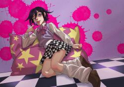 Rule 34 | 1boy, baggy socks, bow, bowtie, candy, checkered clothes, checkered floor, checkered skirt, collared shirt, commentary, crossdressing, cushion, danganronpa (series), danganronpa v3: killing harmony, english commentary, flipped hair, food, full body, hair between eyes, half-closed eye, holding, holding candy, holding food, holding lollipop, leg warmers, lollipop, long sleeves, looking at viewer, male focus, oma kokichi, pink bow, pink bowtie, purple eyes, purple hair, school uniform, septimo dante, shirt, short hair, sitting, skirt, smug, solo, sweater vest, tile floor, tiles, tongue, tongue out, trap