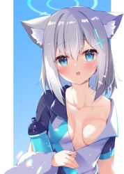 Rule 34 | 1girl, animal ears, blue archive, blue eyes, blush, bottle, breasts, carrying, cat ears, cleavage, collarbone, commentary request, hair between eyes, halo, highres, holding, long sleeves, looking at viewer, medium breasts, nanamomo rio, parted lips, shiroko (blue archive), shiroko (cycling) (blue archive), short hair, sidelocks, silver hair, simple background, solo, sports drink, sweat, two-tone background, undressing, upper body, zipper