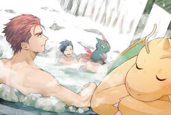 Rule 34 | 2boys, :d, bathing, black hair, closed eyes, closed mouth, commentary request, creatures (company), day, dragonite, ethan (pokemon), game freak, gen 1 pokemon, gen 2 pokemon, lance (pokemon), male focus, multiple boys, nintendo, nude, onsen, open mouth, outdoors, pokemon, pokemon (creature), pokemon hgss, red hair, short hair, smile, sneasel, steam, teeth, twitter username, upper teeth only, water, watermark, y (036 yng)
