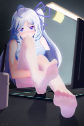 Rule 34 | 1girl, absurdres, bare shoulders, blue eyes, blue hair, blue ribbon, character request, copyright request, desk, elbow gloves, feet, full body, gloves, hair ribbon, highres, huge filesize, lamp, light blue hair, long hair, looking at viewer, monitor, no shoes, open mouth, ribbon, snowwish, soles, thighhighs, toes, white thighhighs