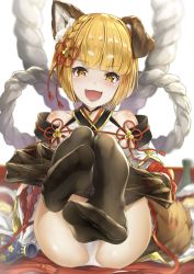 Rule 34 | 1girl, :d, absurdres, animal ear fluff, animal ears, bare shoulders, black pantyhose, blonde hair, blunt bangs, blush, braid, breasts, clothes pull, commentary request, detached sleeves, dog ears, dog tail, erune, fang, feet, granblue fantasy, hair ornament, highres, hyouta (yoneya), japanese clothes, looking at viewer, no shoes, open mouth, panties, pantyhose, pantyhose pull, rope, shimenawa, short hair, sideboob, simple background, sitting, small breasts, smile, soles, solo, tail, toes, underwear, vajra (granblue fantasy), white background, white panties