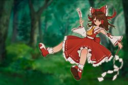 Rule 34 | 1girl, adapted costume, ascot, blurry, blurry background, bow, brown eyes, brown hair, detached sleeves, dot nose, dress, floating, floating hair, foreshortening, forest, frilled bow, frilled dress, frilled shirt collar, frills, full body, game cg, gohei, hair between eyes, hair bow, hair tubes, hakurei reimu, hand up, highres, holding, light blush, long hair, looking at viewer, nature, ofuda, outdoors, project heartbeat, red bow, red dress, red footwear, red ribbon, reixart, ribbon, ribbon-trimmed dress, ribbon-trimmed sleeves, ribbon trim, shoes, sidelocks, smile, socks, solo, third-party source, touhou, tree, white socks, yellow ascot