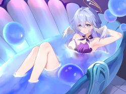 Rule 34 | 1girl, absurdres, arm up, armpits, bare arms, bare shoulders, blue eyes, blue hair, choker, commentary, dress, fangai-anmian, halo, head wings, highres, honkai: star rail, honkai (series), knees up, long hair, looking at viewer, partially submerged, purple choker, purple dress, robin (honkai: star rail), smile, solo, strapless, strapless dress, two-tone dress, water, white dress, wings