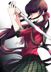Rule 34 | 1girl, @ (symbol), artist name, black hair, blunt bangs, commentary request, covered mouth, danganronpa (series), danganronpa v3: killing harmony, from side, hair ornament, harukawa maki, holding, holding sword, holding weapon, katana, long hair, looking at viewer, low twintails, mole, mole under eye, nyangorobei, plaid, plaid skirt, pleated skirt, red eyes, red scrunchie, red shirt, school uniform, scrunchie, serafuku, shirt, simple background, skirt, sleeves rolled up, solo, sword, twintails, very long hair, weapon