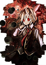 Rule 34 | 1girl, black skirt, black vest, blonde hair, buttons, closed mouth, collared shirt, commentary request, cowboy shot, darkness, denpa rasaito, flat chest, gold trim, hair between eyes, hair ribbon, highres, long bangs, long sleeves, looking at viewer, necktie, red background, red eyes, red necktie, red ribbon, ribbon, rumia, shirt, short hair, skirt, skirt set, smile, solo, touhou, vest, white shirt