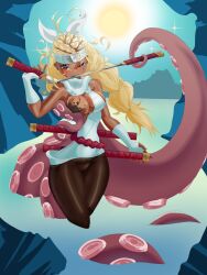 Rule 34 | absurdres, blonde hair, breasts, gauntlets, highres, holding, holding sword, holding weapon, killer bee, medium breasts, ninja, non-web source, red eyes, scarf, shirt, sword, tagme, tentacles, weapon, white shirt