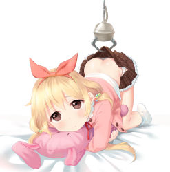 Rule 34 | 10s, 1girl, :/, ass, bad id, bad pixiv id, bed sheet, blonde hair, blush, bow, brown eyes, brown skirt, butt crack, closed mouth, clothes lift, crane game, downpants, embarrassed, frilled skirt, frills, furrowed brow, furururu, futaba anzu, hair between eyes, hair bobbles, hair bow, hair ornament, idolmaster, idolmaster cinderella girls, jacket, long hair, looking up, lying, no shoes, hugging object, panties, panty pull, pink bow, pink jacket, plaid, plaid skirt, pleated skirt, polka dot, polka dot bow, polka dot panties, shirt, skirt, skirt lift, socks, solo, stuffed animal, stuffed rabbit, stuffed toy, tareme, top-down bottom-up, twintails, unbuttoned, underwear, white background, white shirt, white socks
